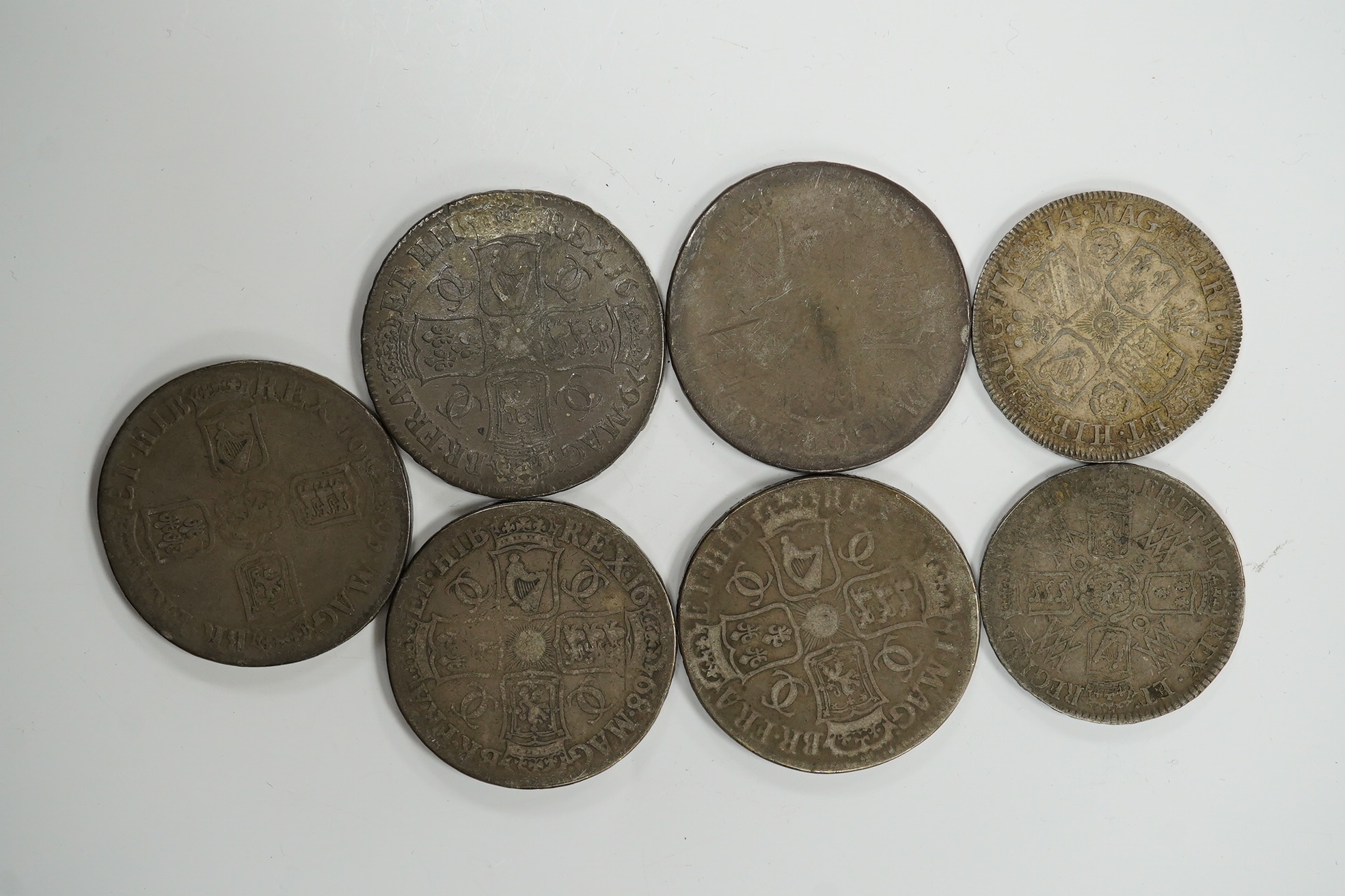 British silver coins, Stuart period, two Charles II crowns, Charles II half crown, William III crown, Queen Anne crown, William and Mary half crown